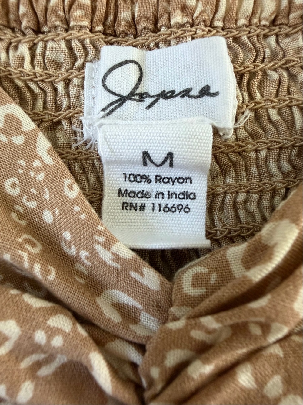 Japna Peplum Blouse Womens Size M Beige Animal Print Boho Smocked Babydoll Top - Picture 5 of 11